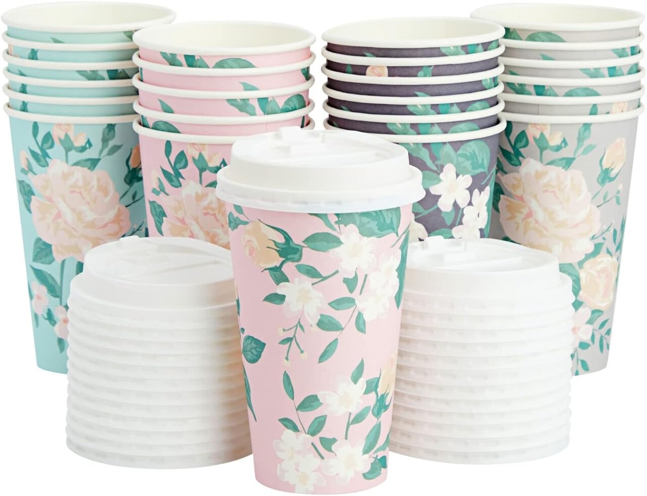 4 Pastel Designs 24 Pack Floral Paper Coffee Cups with Lids - Disposable To-Go Drinkware for Birthday Parties, Wedding Receptions, and Baby Showers - Coffee Cup 16 Oz